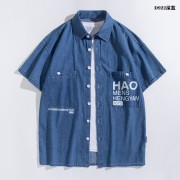印花大口袋短袖牛仔衬衫 D922深蓝