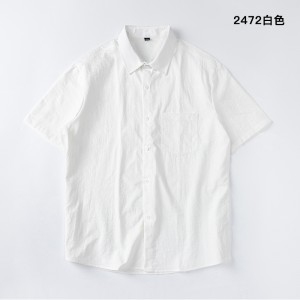 砂洗起泡纯色宽松休闲短袖衬衫2472白色