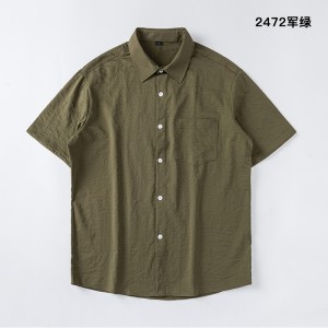 砂洗起泡纯色宽松休闲短袖衬衫2472军绿
