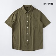 砂洗起泡纯色宽松休闲短袖衬衫2472军绿