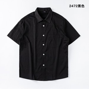 砂洗起泡纯色宽松休闲短袖衬衫2472黑色